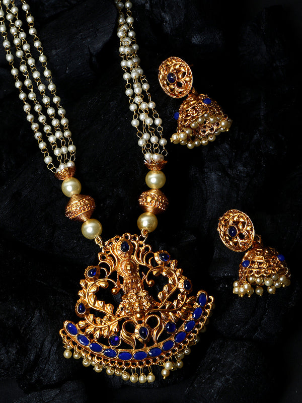 Women's Antique Matte Gold Finish Blue Stone Studded Temple Jewellery set - Anikas Creation