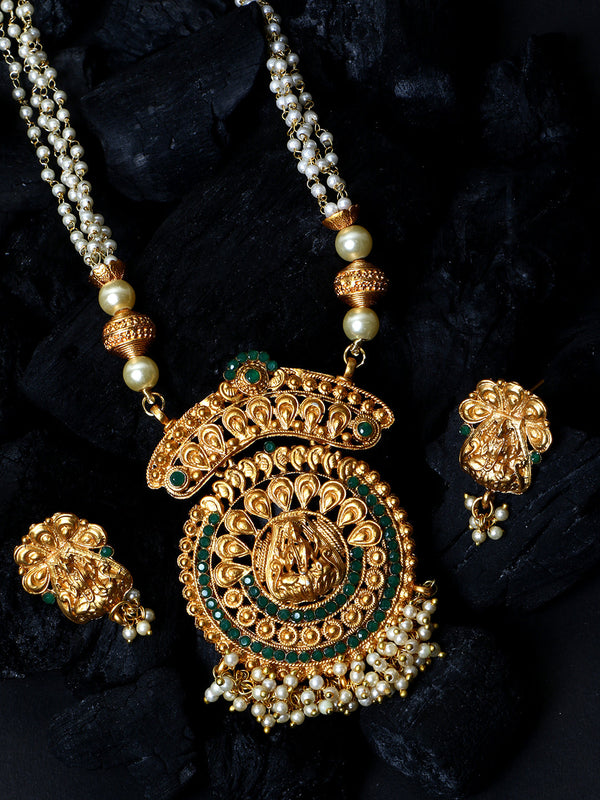 Women's Antique Matte Gold Finish Goddess Laxmi Green Stone Studded Temple Jewellery set - Anikas Creation