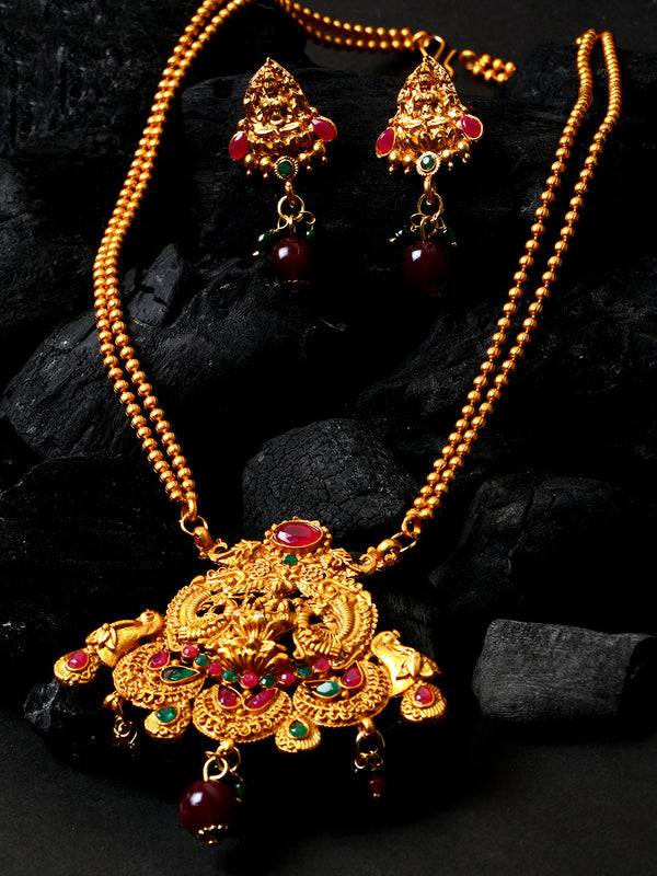 Women's Antique Matte Gold Finish Green Stone Studded Temple Jewellery set - Anikas Creation