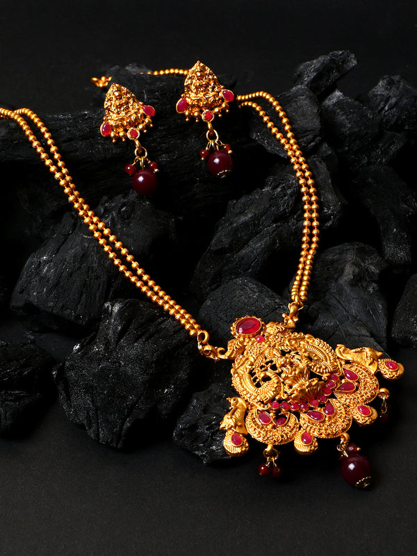 Women's Antique Matte Gold Finish Maroon Stone Studded Temple Jewellery set - Anikas Creation