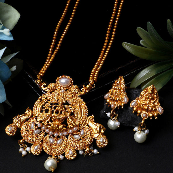 Women's Antique Matte Gold Finish White Stone Studded Temple Jewellery set - Anikas Creation