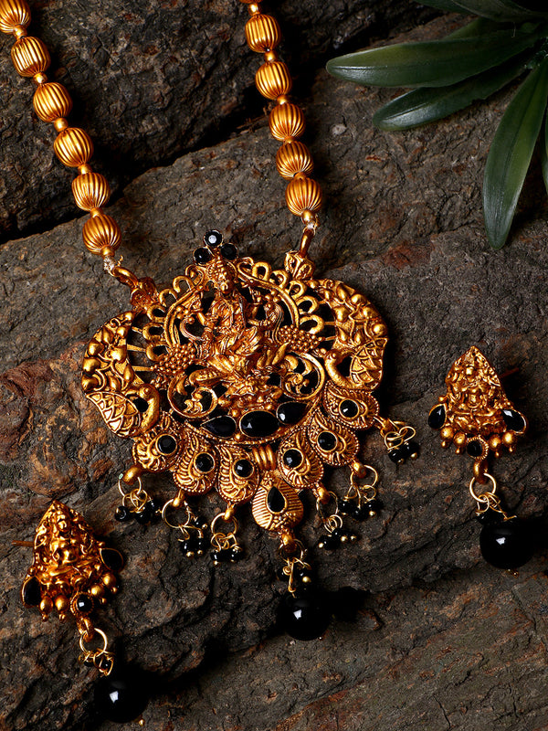 Women's Antique Matte Gold Finish Black Stone Studded Temple Jewellery set - Anikas Creation