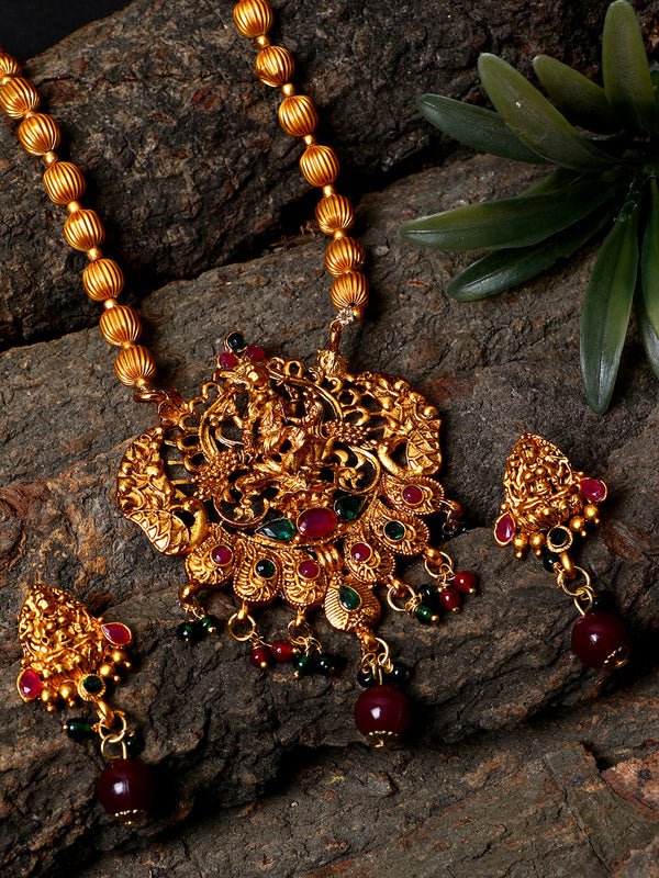 Women's Antique Matte Gold Finish Green Maroon Stone Studded Temple Jewellery set - Anikas Creation