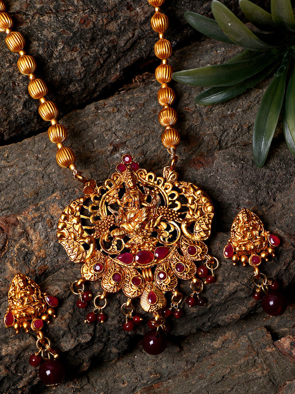 Women's Antique Matte Gold Finish Maroon Stone Studded Temple Jewellery set - Anikas Creation