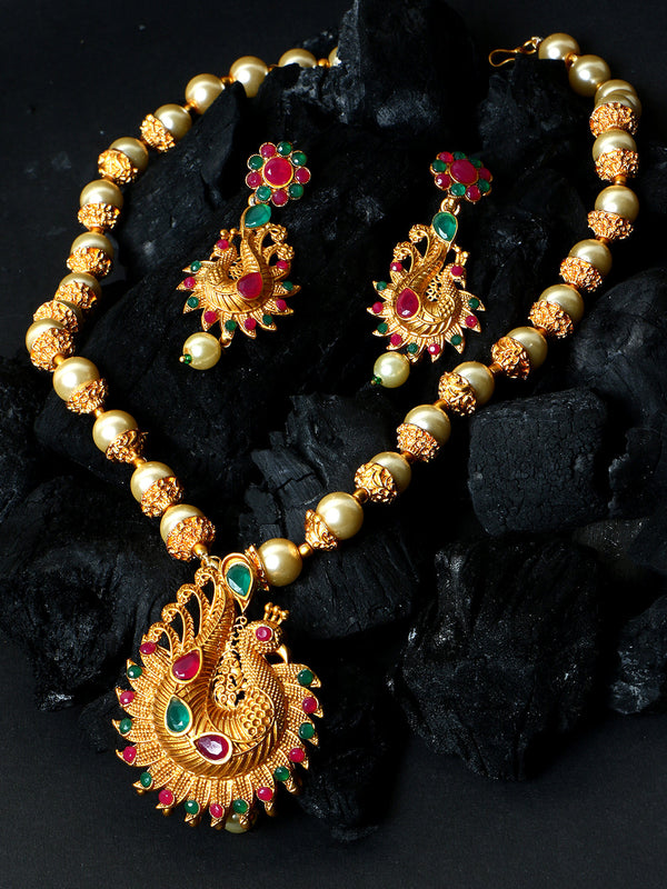 Women's Antique Matte Gold Finish Green Stone Studded Temple Jewellery set - Anikas Creation