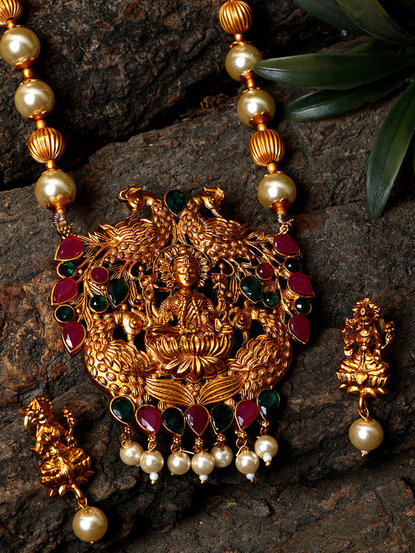 Women's Antique Matte Gold Finish Goddess Laxmi Green Stone Studded Temple Jewellery set - Anikas Creation