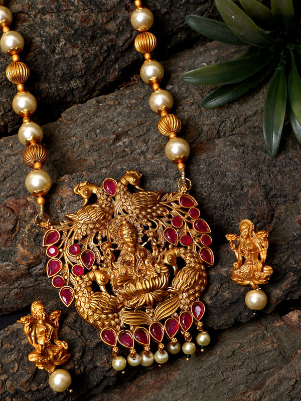 Women's Antique Matte Gold Finish Goddess Laxmi Maroon Stone Studded Temple Jewellery set - Anikas Creation