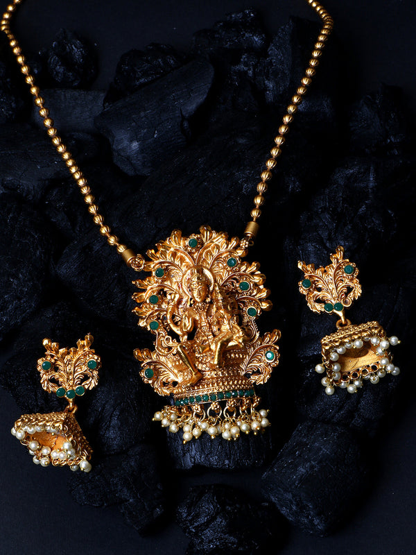 Women's Antique Matte Gold Finish Green Stone Studded Temple Jewellery set - Anikas Creation