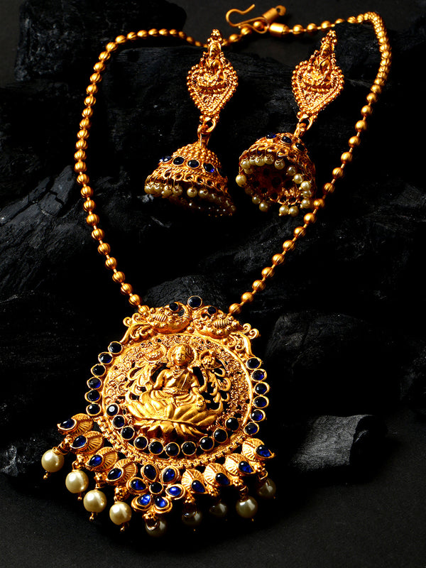 Women's Antique Matte Gold Finish Goddess Laxmi Blue Stone Studded Temple Jewellery set - Anikas Creation