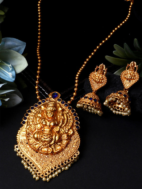 Women's Antique Matte Gold Finish Blue Stone Studded Temple Jewellery set - Anikas Creation