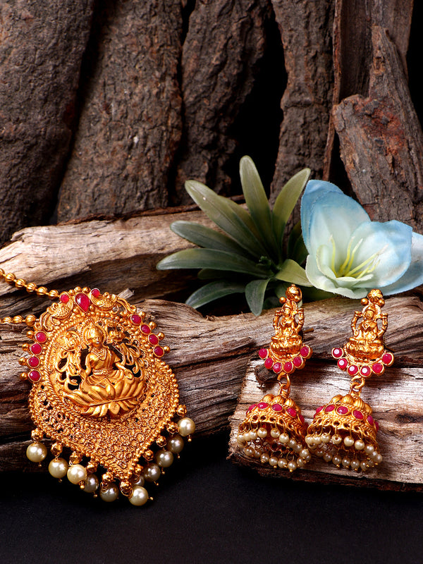 Women's Antique Matte Gold Finish Goddess Laxmi White Stone Studded Temple Jewellery set - Anikas Creation