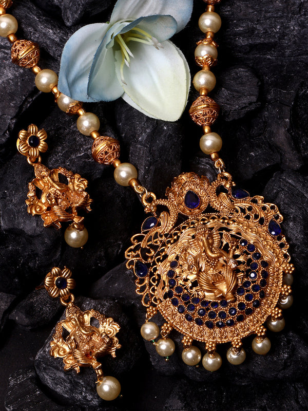 Women's Gold Plated Maa Laxmi Stone Studded Necklace With Earrrings - Anikas Creation