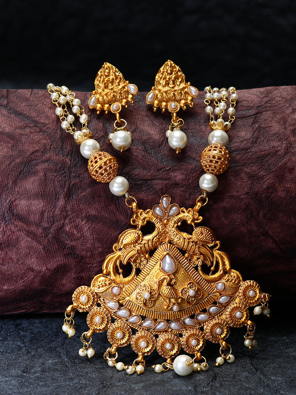 Women's Gold Plated Maa Laxmi Stone Studded Necklace With Earrrings - Anikas Creation