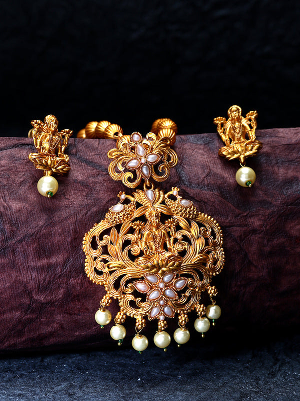 Women's Gold Plated Maa Laxmi Stone Studded Necklace With Earrrings - Anikas Creation