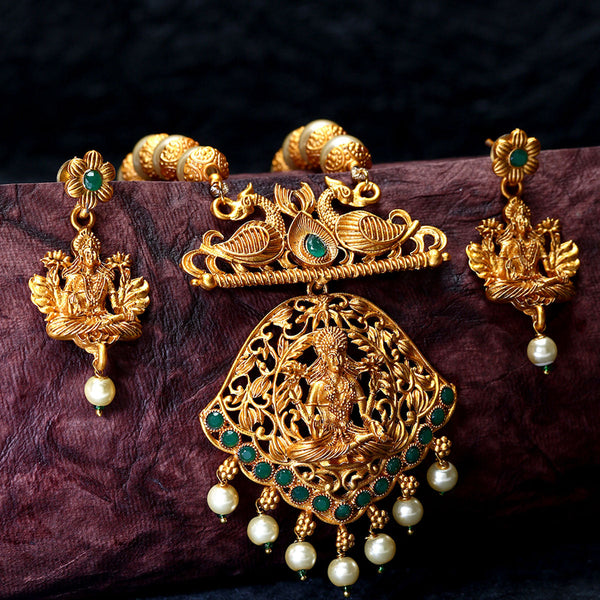 Women's Gold Plated Maa Laxmi Stone Studded Necklace With Earrrings - Anikas Creation