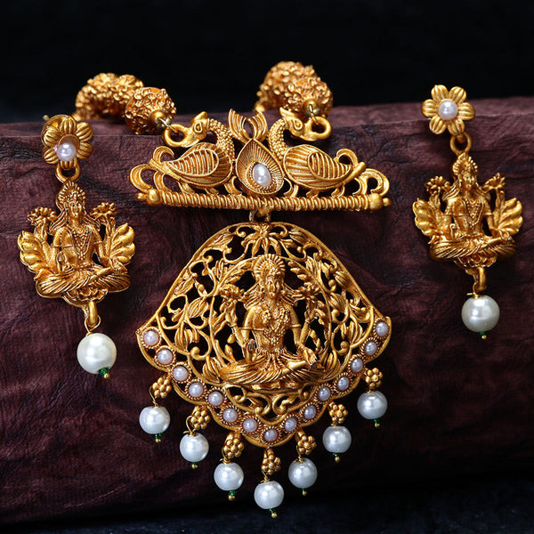 Women's Gold Plated Maa Laxmi Stone Studded Necklace With Earrrings - Anikas Creation