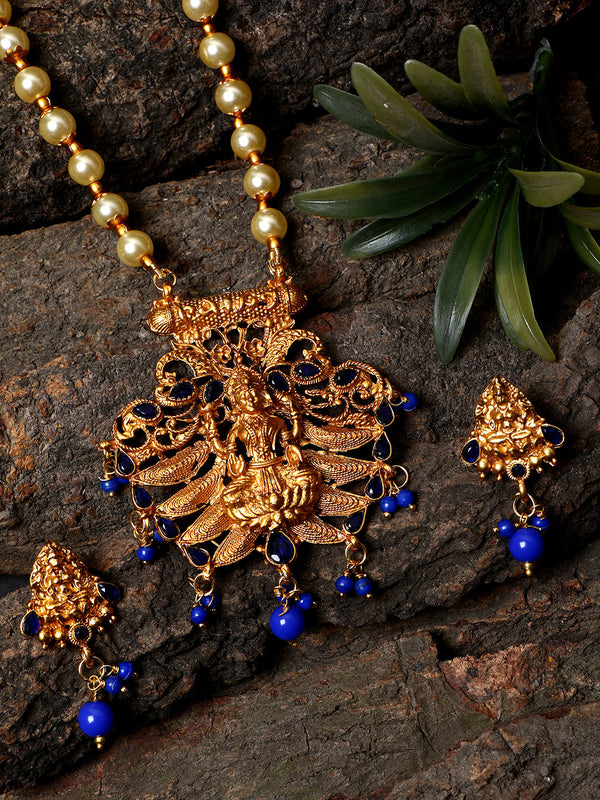 Women's Antique Matte Gold Finish Blue Stone Studded Temple Jewellery set - Anikas Creation