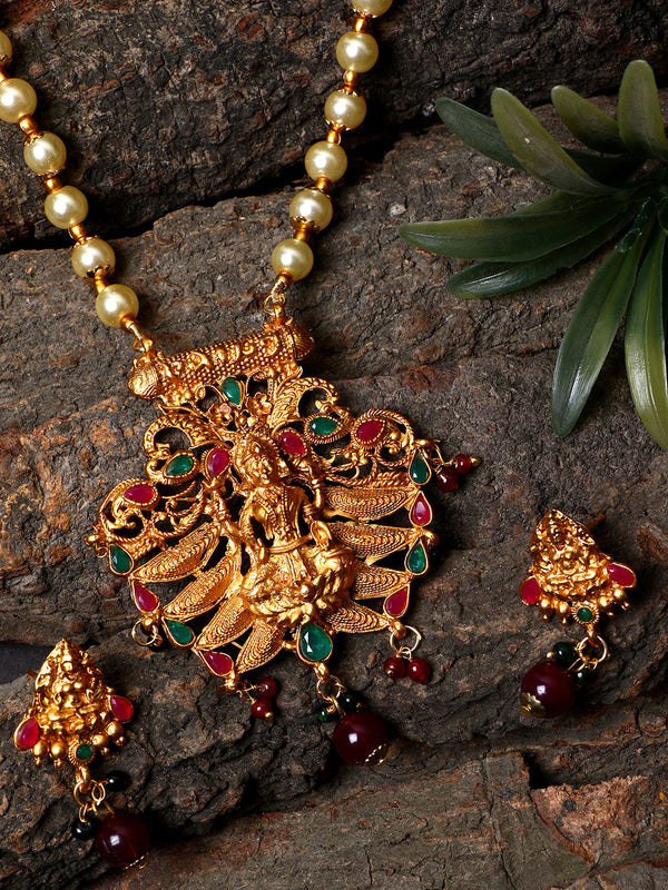 Women's Antique Matte Gold Finish Green Maroon Stone Studded Temple Jewellery set - Anikas Creation