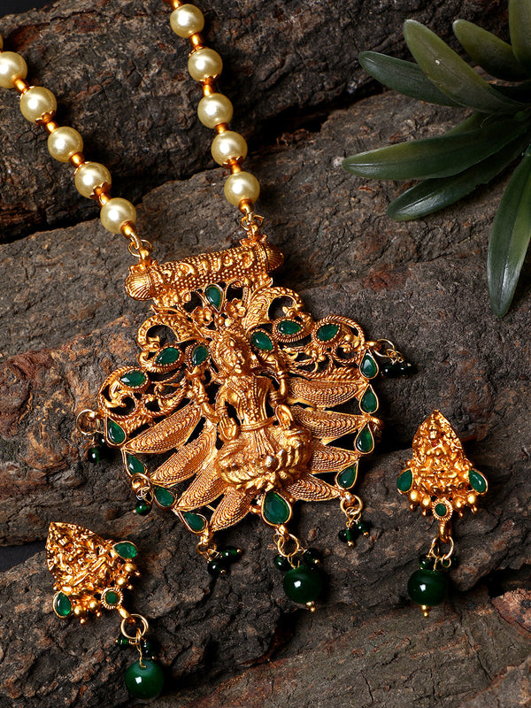 Women's Antique Matte Gold Finish Green Stone Studded Temple Jewellery set - Anikas Creation