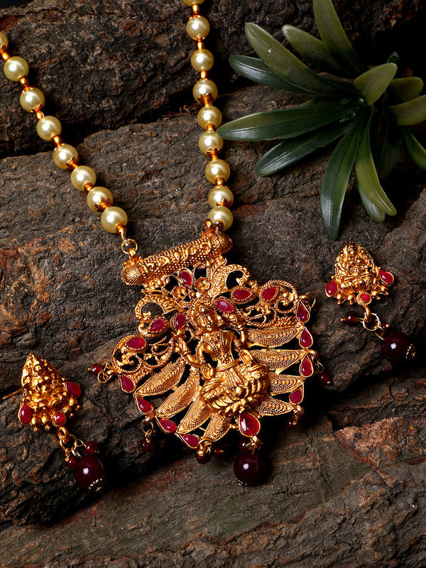 Women's Antique Matte Gold Finish Maroon Stone Studded Temple Jewellery set - Anikas Creation