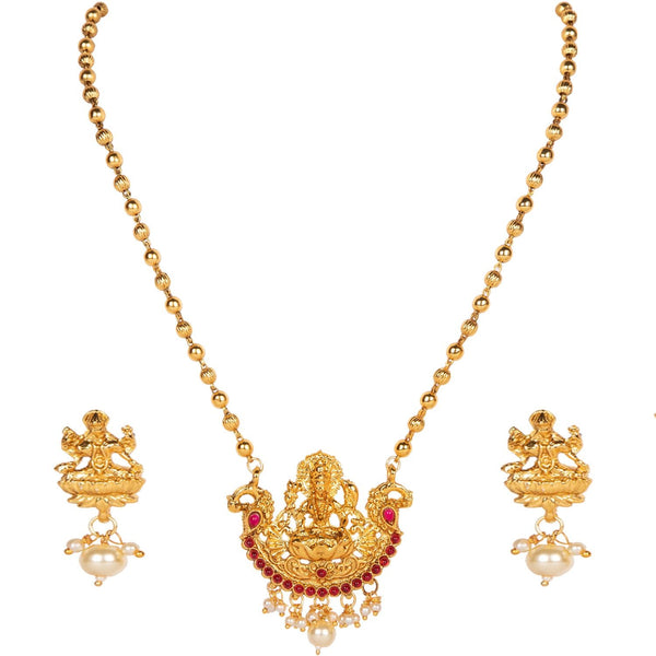 Women's Antique Matte Gold Finish Red and White Stone Studded Temple Jewellery set - Anikas Creation