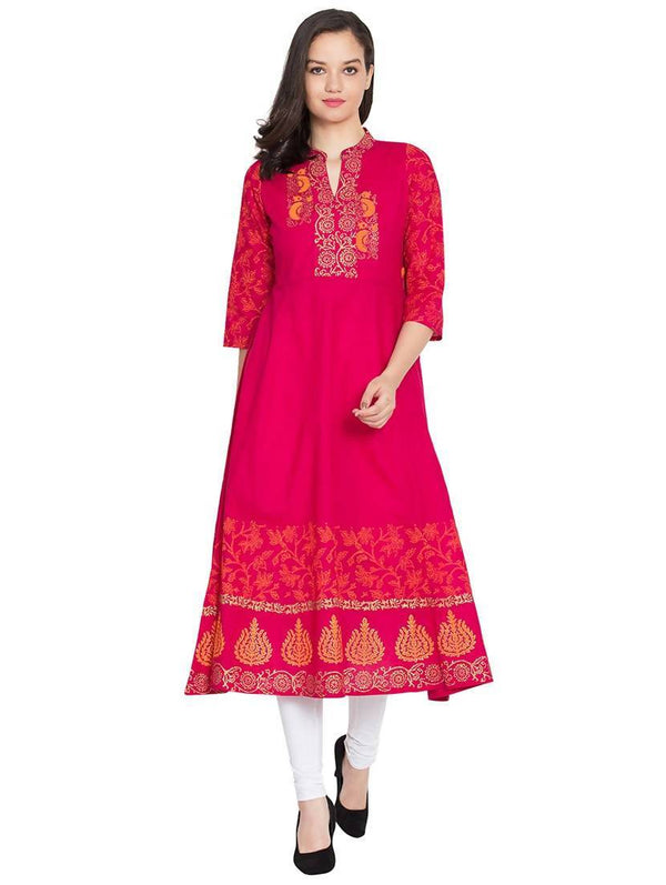 Women's Magenta Hand Block Print Anarkali Kurta Only - Cheera