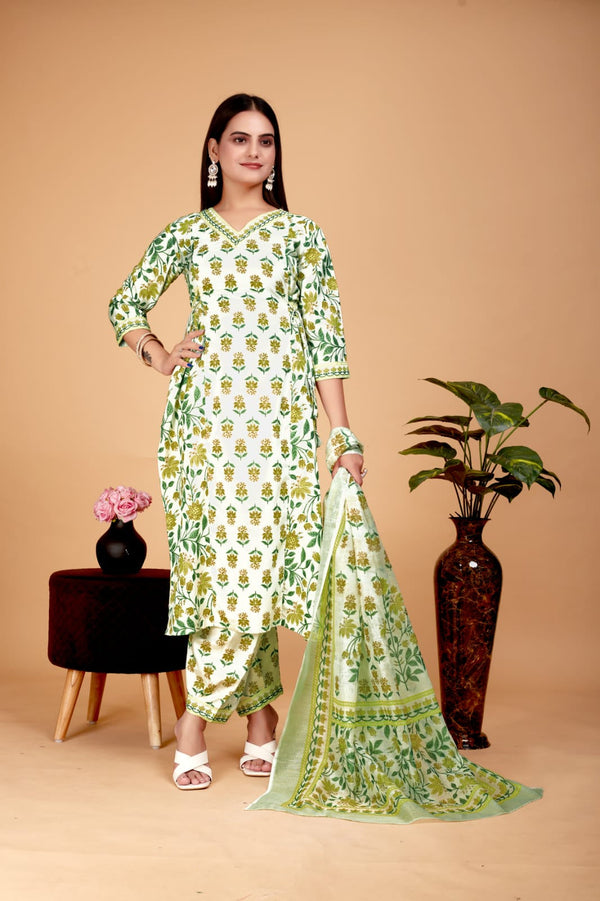 Women's Green Polycotton Printed Kurta Set - A2M