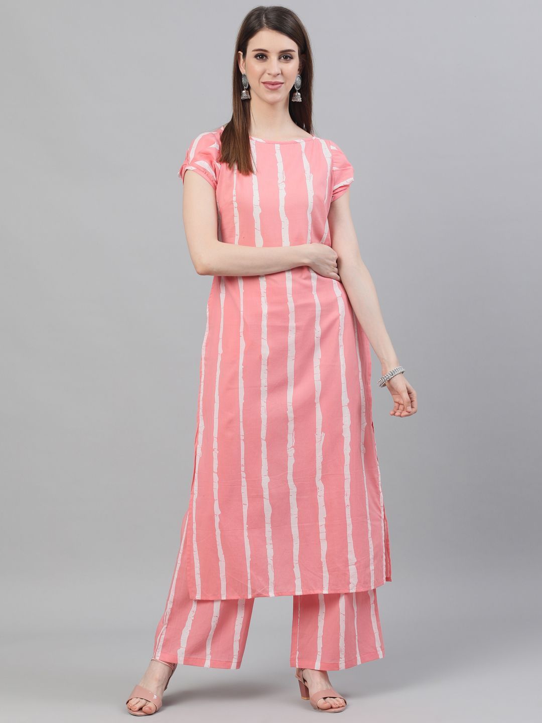 Women's Pink & White Striped Printed Kurta Set - AKS