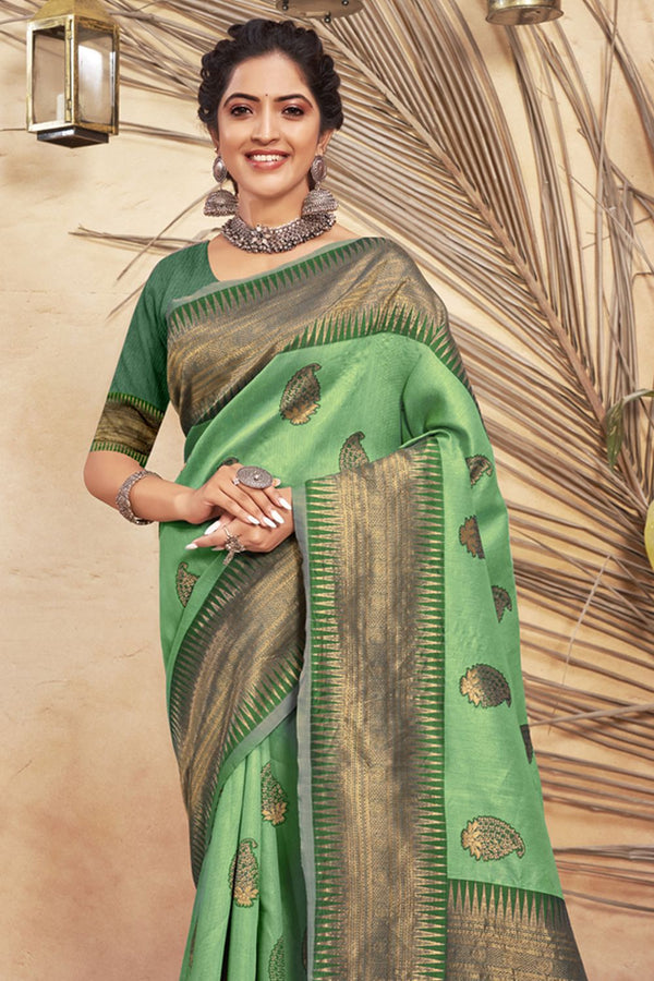 Women's Light Green Cotton Woven Zari Work Traditional Tassle Saree - Sangam Prints