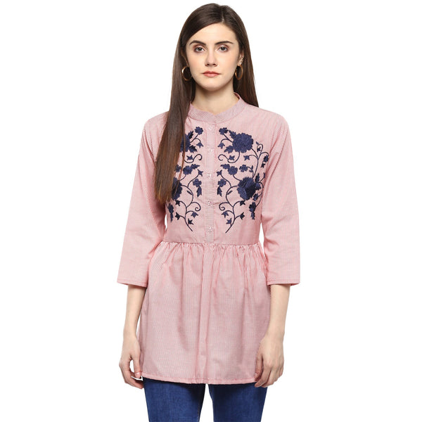 Jashvi Red Striped Embroidered Shirt Style Top