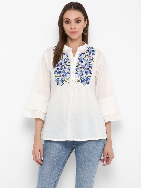 Jashvi White Floral Embroidered Pure Cotton Top