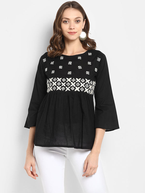 Jashvi Women Black Embellished A-Line Pure Cotton Top