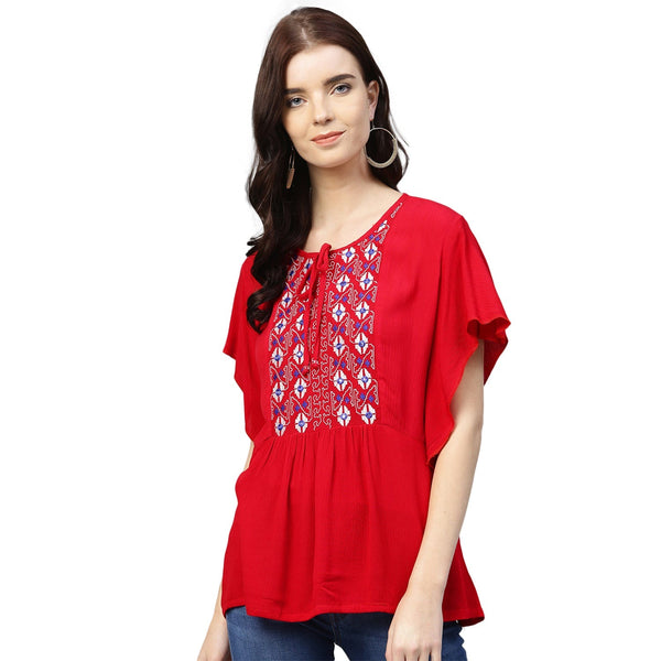 Jashvi Red Embroidered A-Line Top