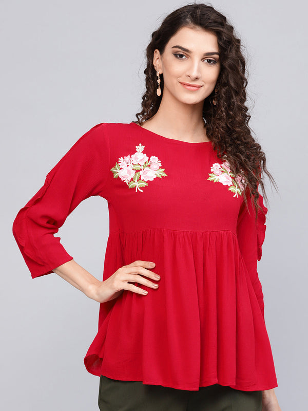 Jashvi Women Red Solid A-Line Pure Cotton Top