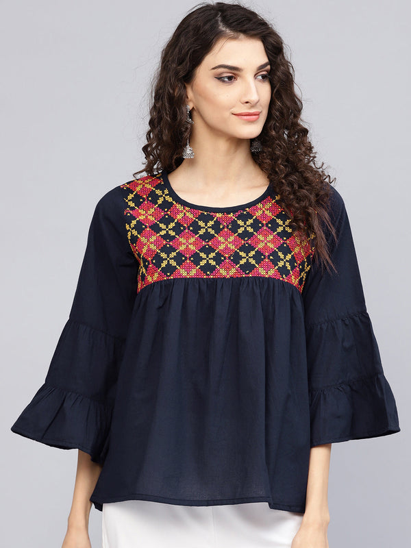 Jashvi Navy Blue Embroidered A-Line Top