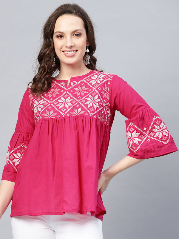 Jashvi Pink Embroidered Cotton Top