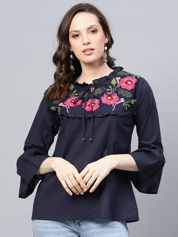 Jashvi Women Navy Blue Embroidered A-Line Pure Cotton Top