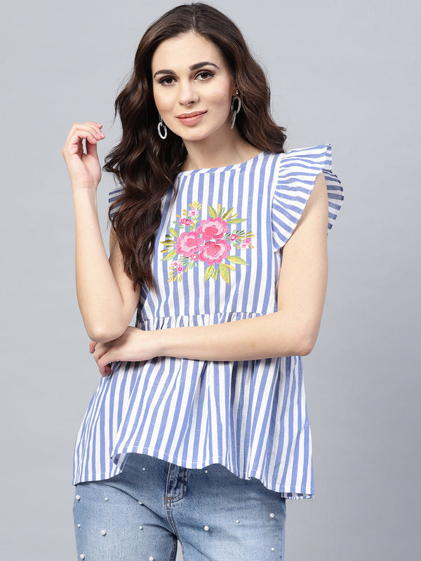 Jashvi Blue & White Striped Embroidered Top