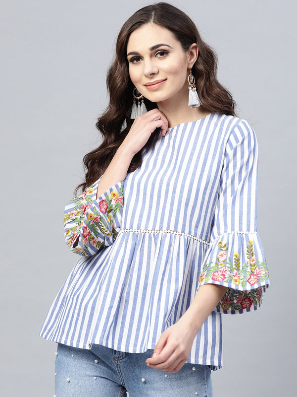 Jashvi Blue & White Striped A-Line Pure Cotton Top