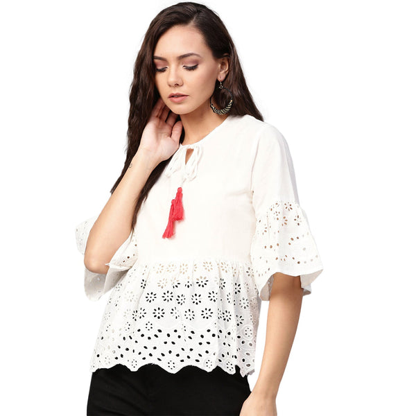 Jashvi White Schiffli Embroidered A-Line Top