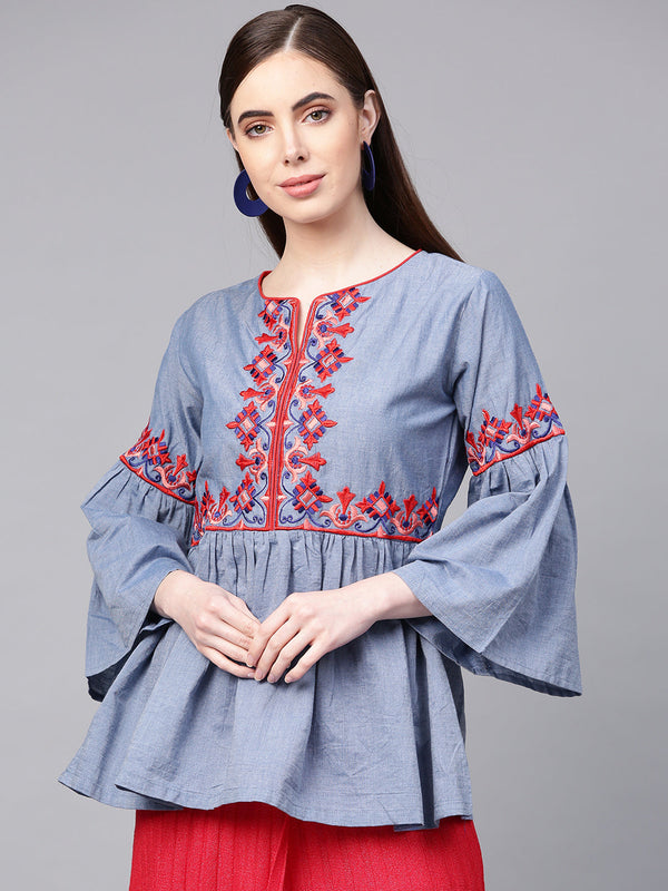 Jashvi Blue Embroidered A-Line Top