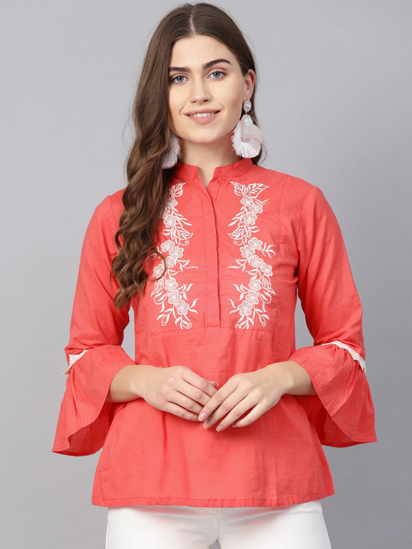 Jashvi Women Coral Pink & White Embroidered Detail Pure Cotton Shirt Style Pure Cotton Top