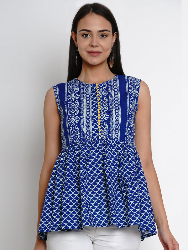 Jashvi Blue & White Printed Top