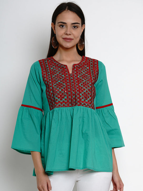 Jashvi Women Sea Green & Maroon Embroidered Empire Top