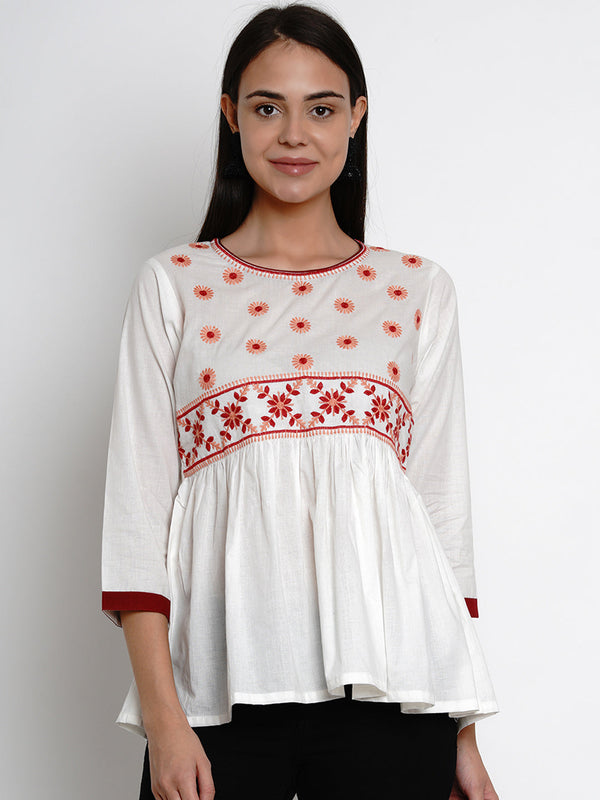 Jashvi Off White Embroidered Flared Top