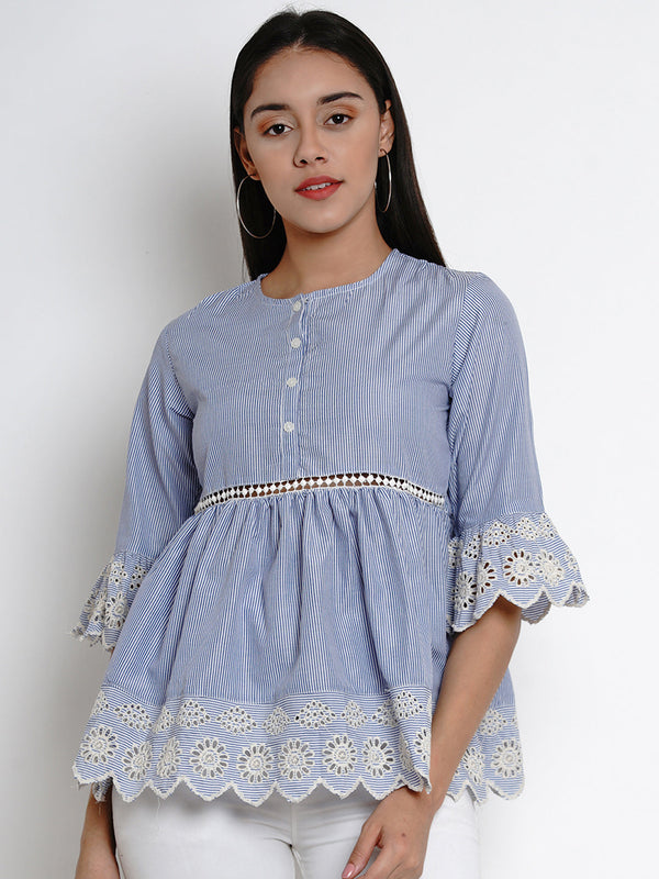 Jashvi Blue Striped Embroidered Top