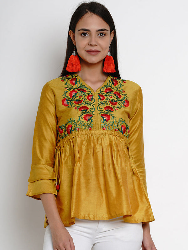 Jashvi Women Mustard Yellow Embroidered Top