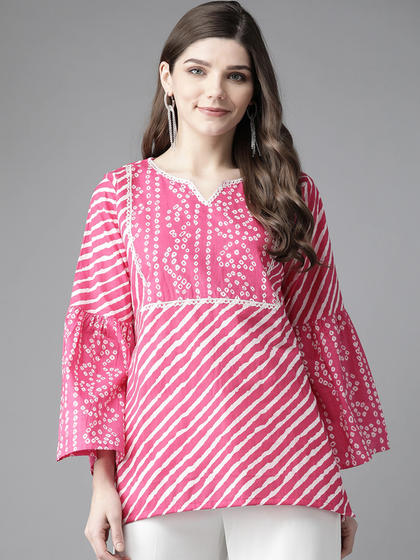 Jashvi Pink & White Leheriya Print Bell Sleeves Regular Top