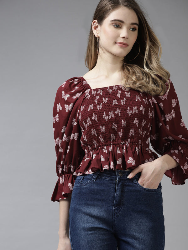 Jashvi Maroon & White Floral Print A-Line Top