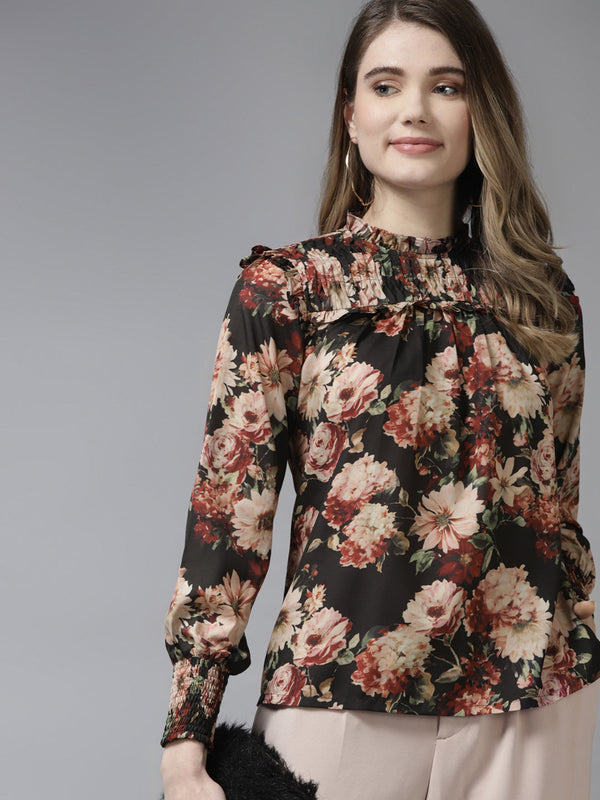 Jashvi Black & Beige Floral Print Top